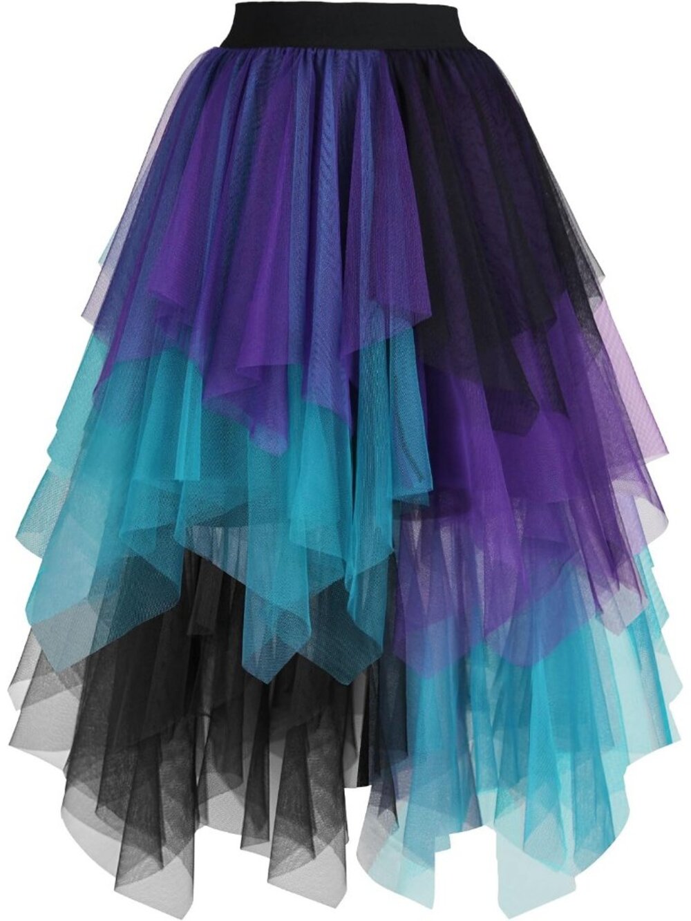 Women's Layered Tulle Midi Skirt High Low Puffy Fairy Tutu Skirt-Black -Teal